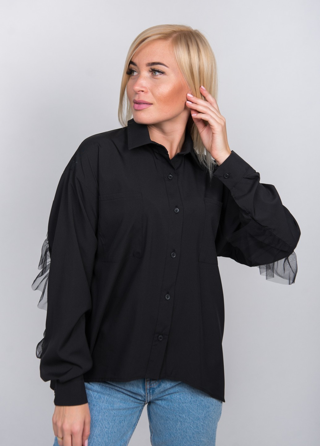 Блуза женская с рюшей черная 02504 цена