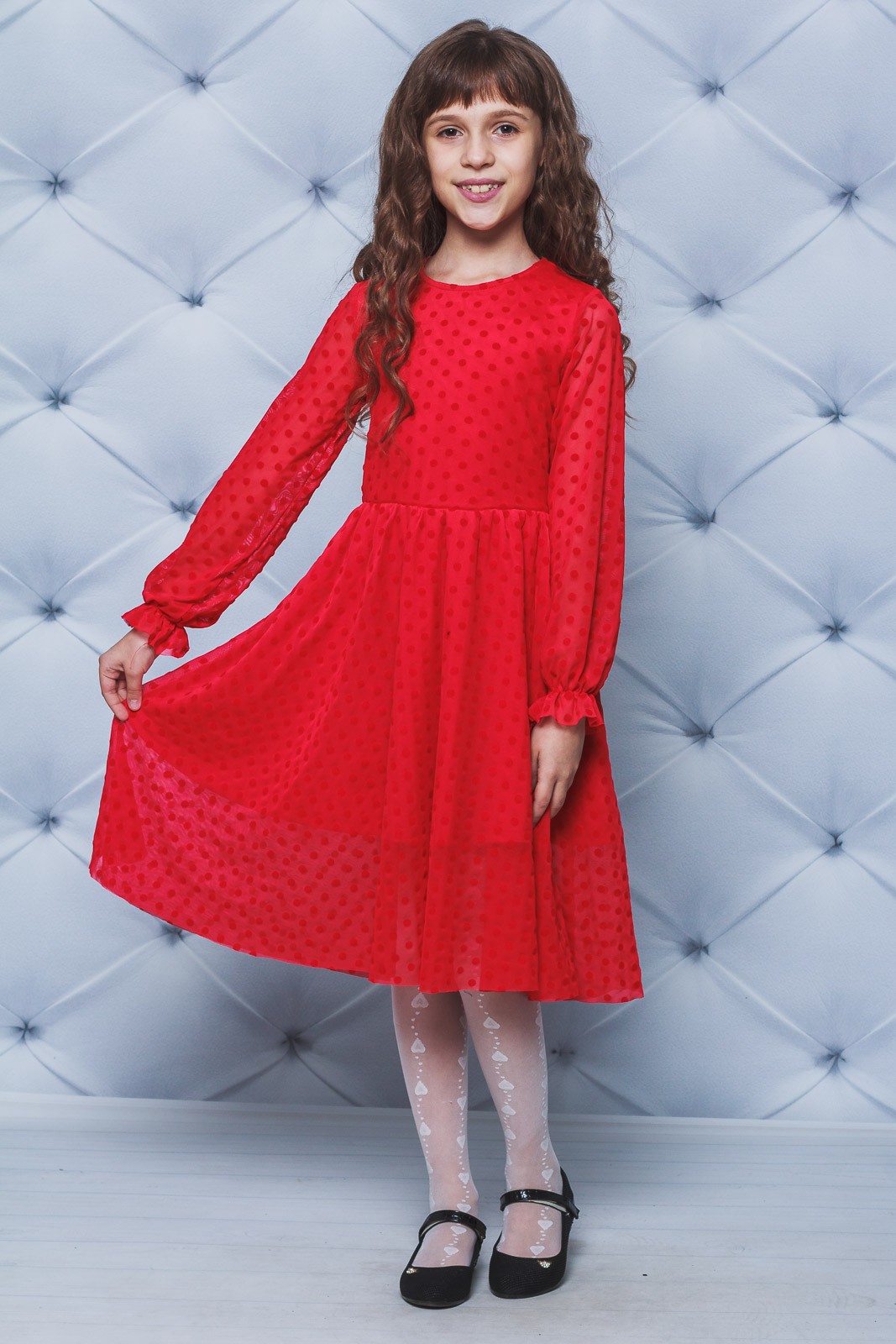 Платье нарядное сетка для девочки красное 02109 фото