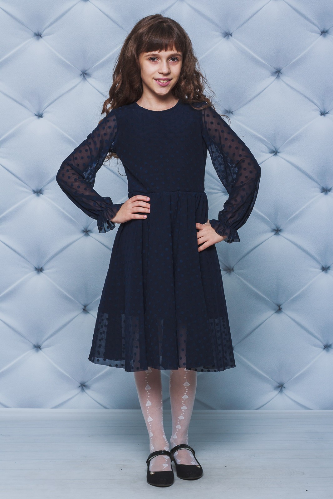 Платье нарядное сетка для девочки темно-синее 02109