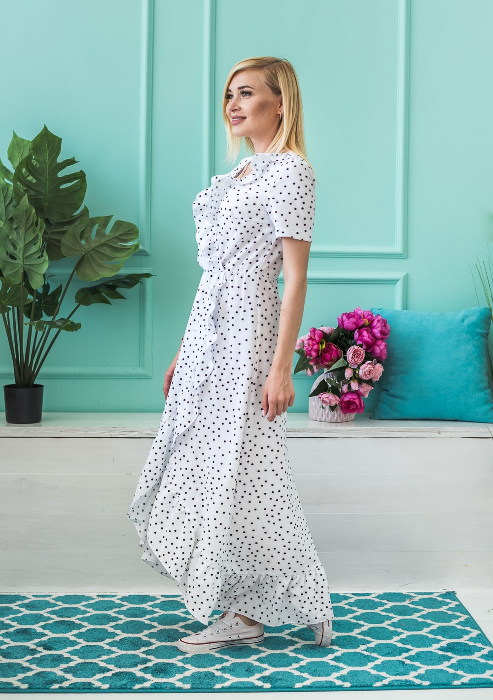 Женское летнее платье Горох белое 02420 цена