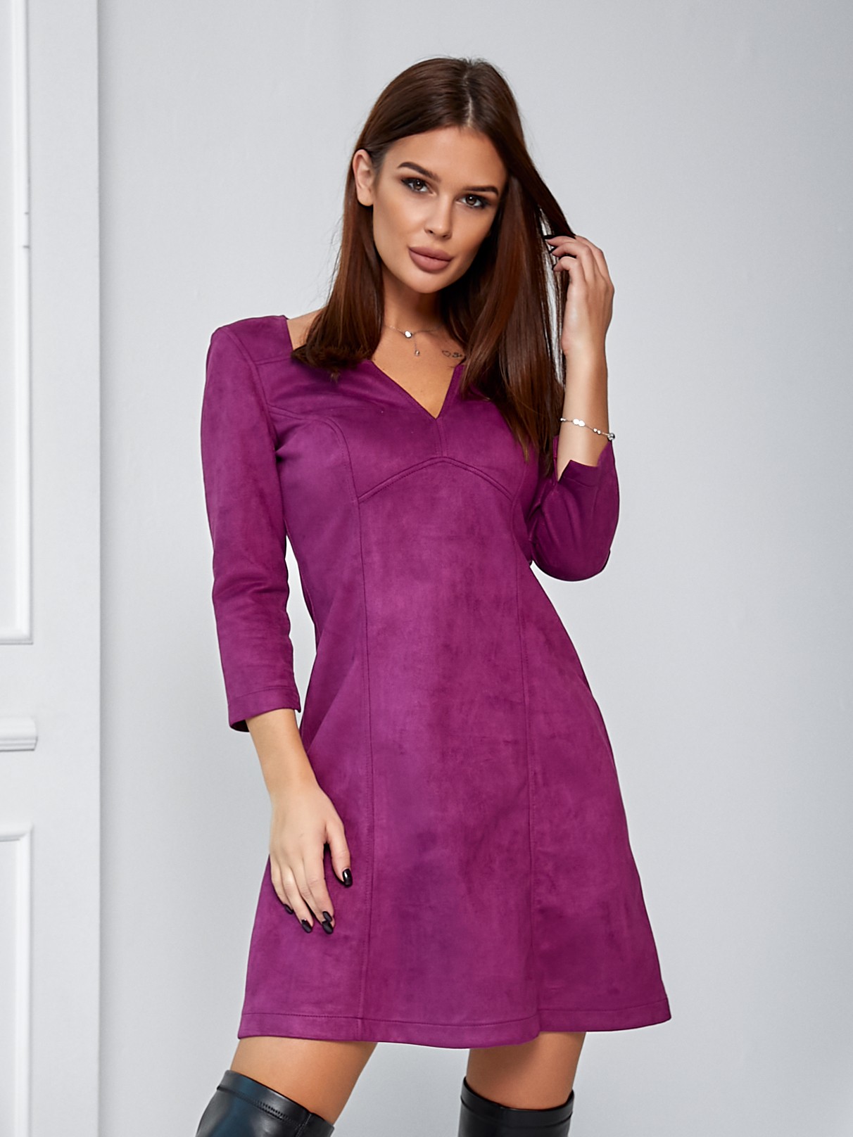 Женское платье короткое замш фиолет 02732
