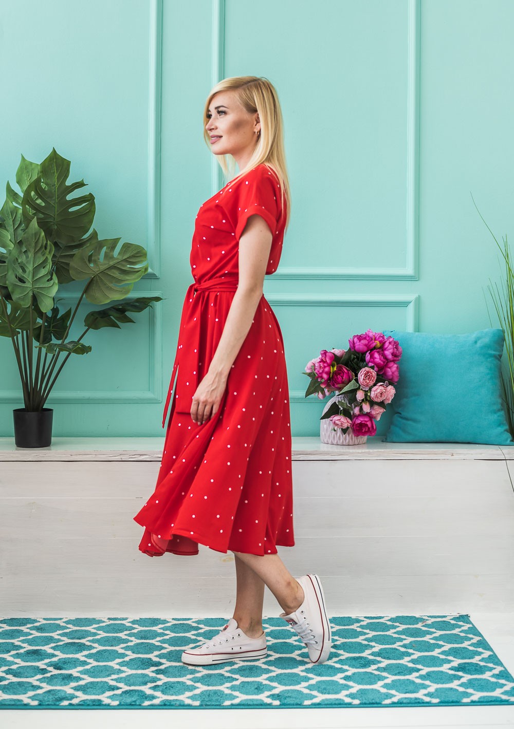 Летнее женское платье Горох красное 02442 цена