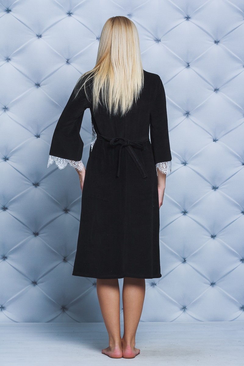 Велюровый женский халат с кружевом черный 01827 цена