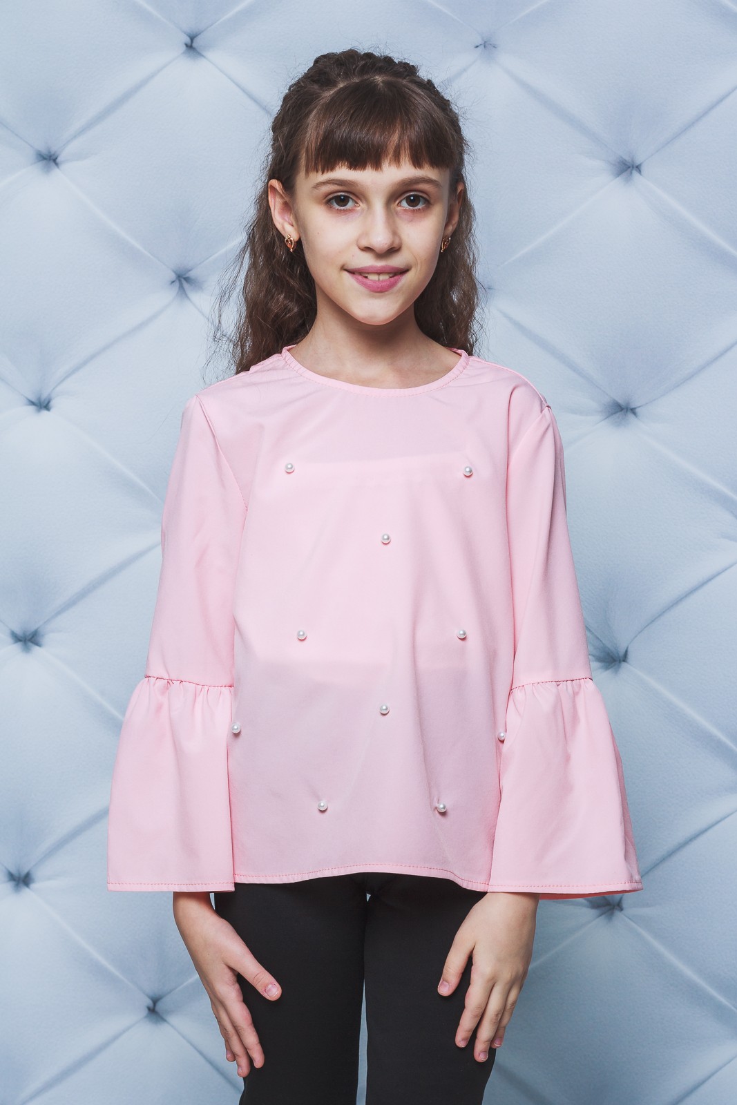 Блуза для девочки с жемчугом персик 02119 фото