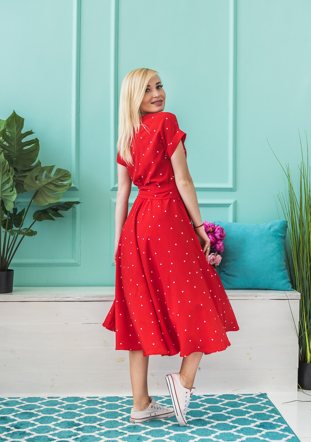 Летнее женское платье Горох красное 02442 в интернет-магазине