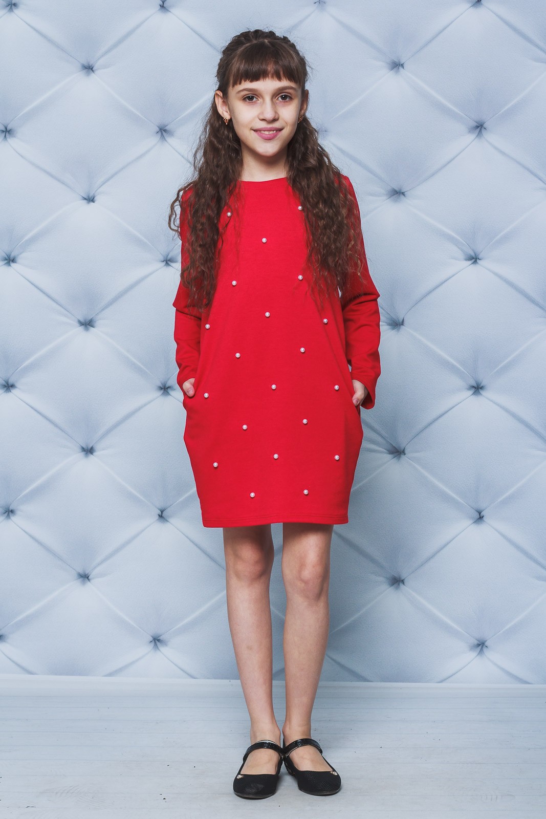 Платье для девочки короткое с жемчугом красное 02128 купить