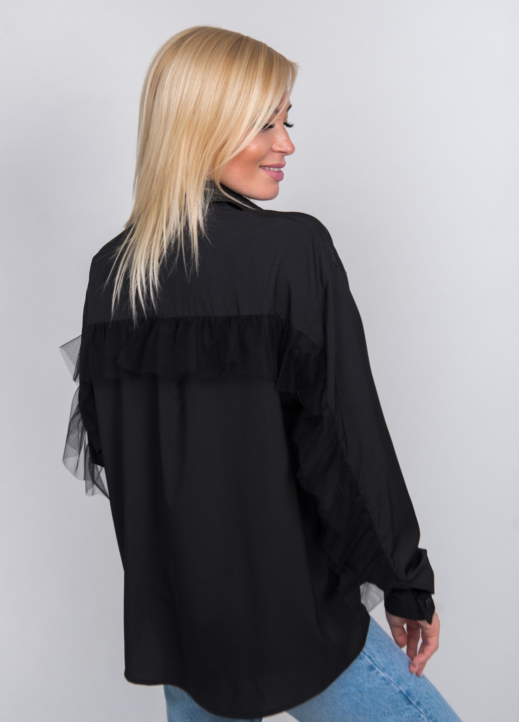 Блуза женская с рюшей черная 02504 оптом