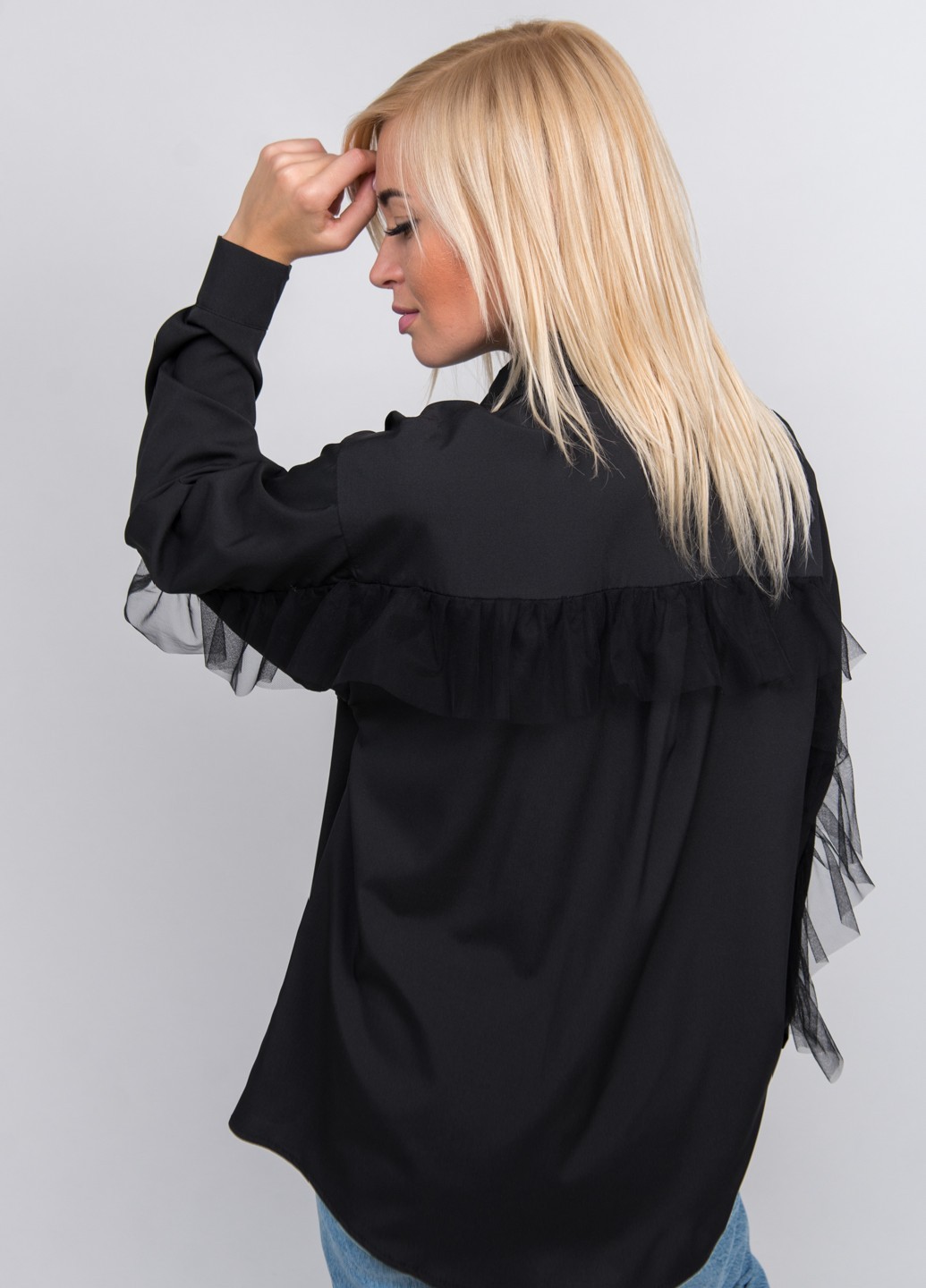Блуза женская с рюшей черная 02504