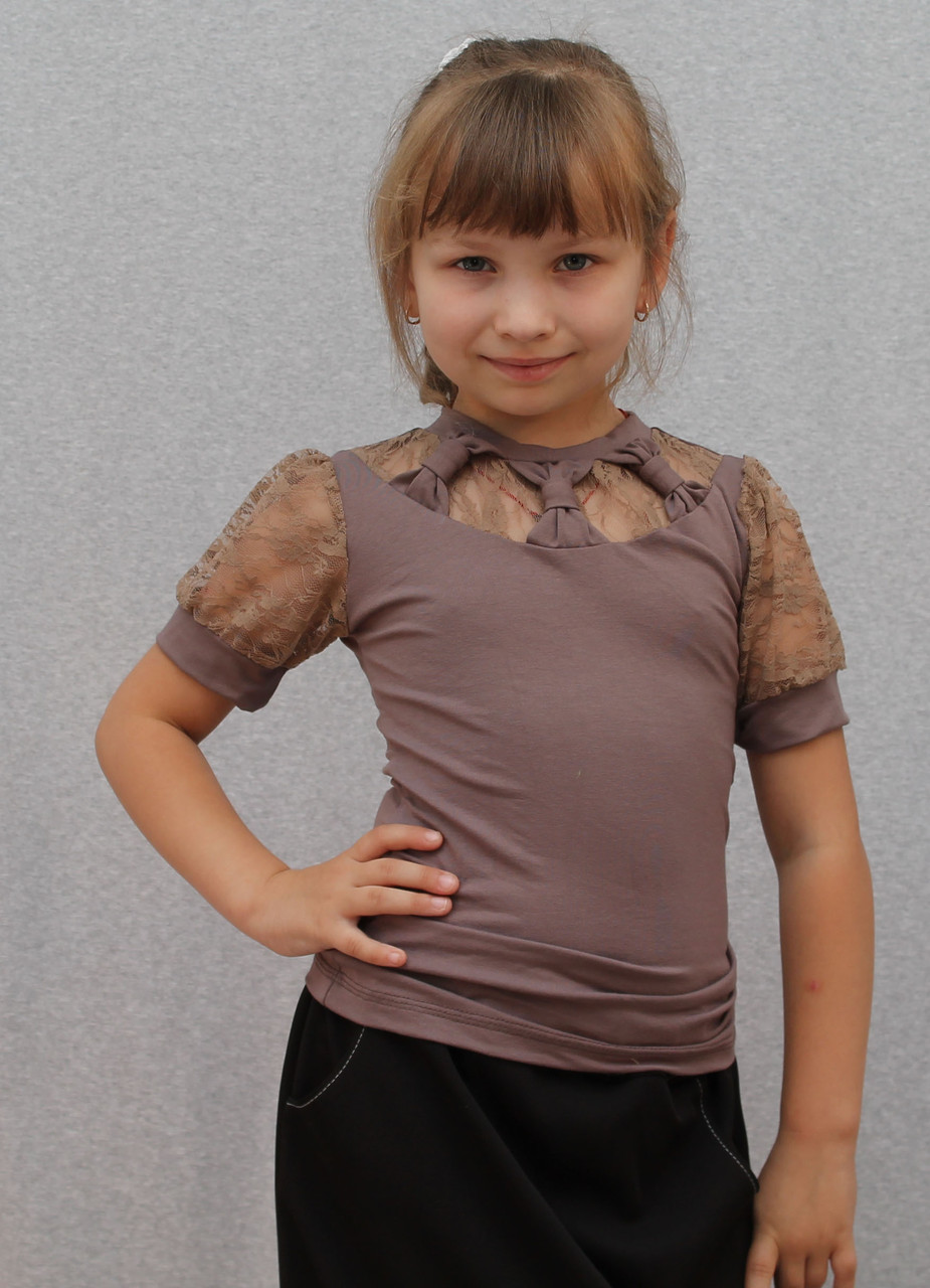 Блузка для девочки с гипюром кофе 0069 фото