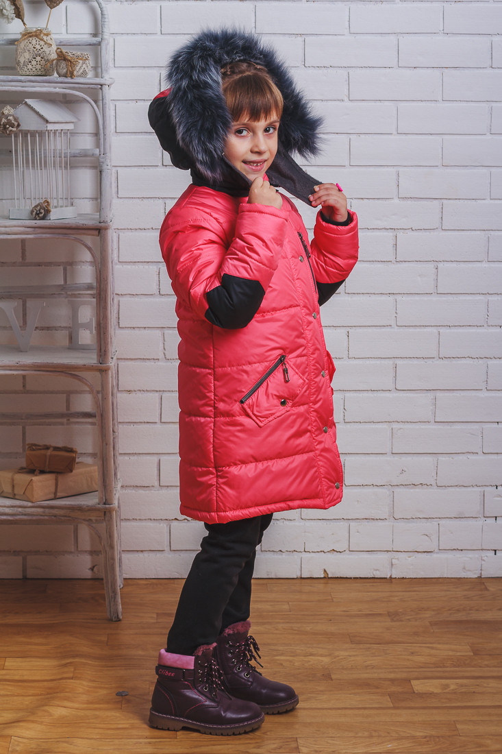 Пальто зимнее для девочки с латками коралл 90/11 в интернет-магазине