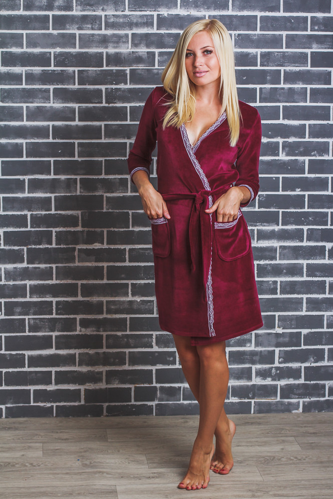 Женский  велюровый халат с поясом бордо 01299 купить