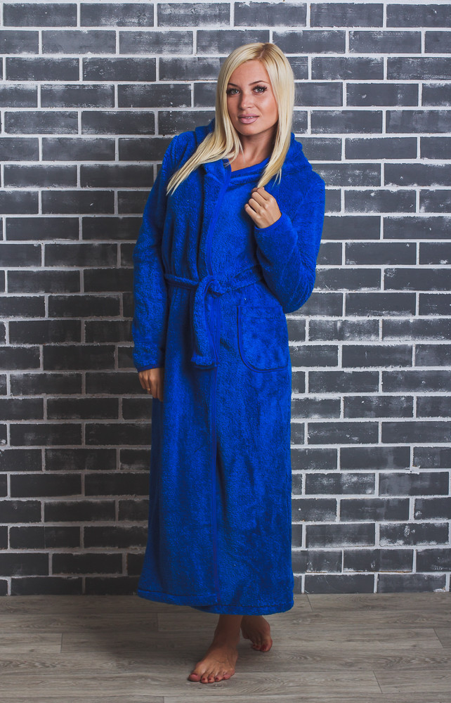 Махровый халат женский длинный синий 01314 фото