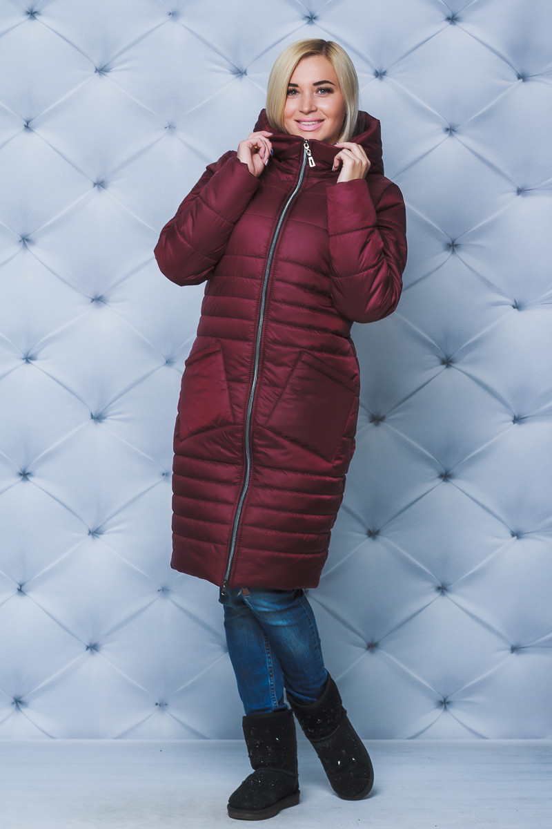 Зимнее женское пальто с капюшоном бордо 197/10 в интернет-магазине